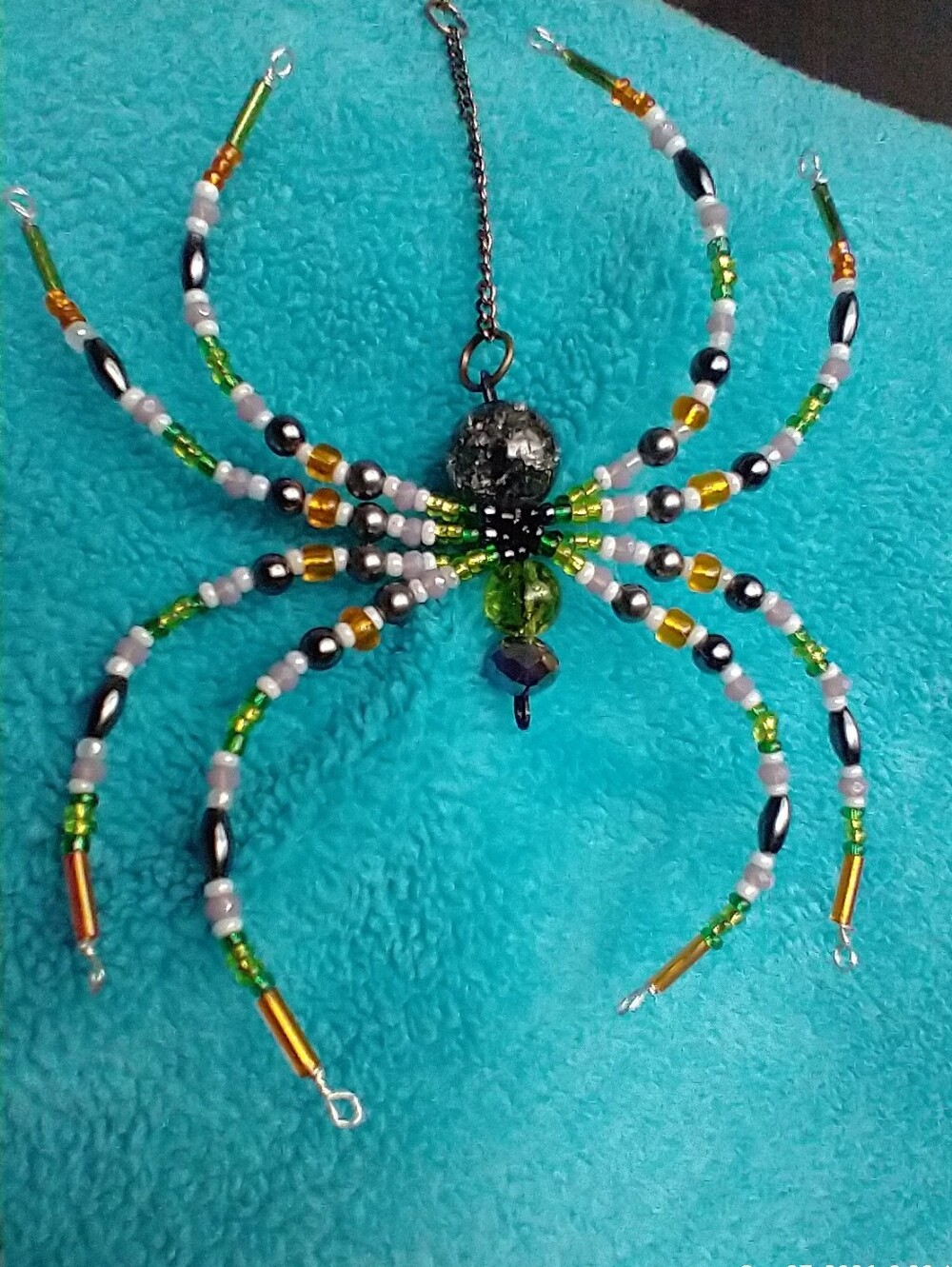 Handcrafted Green, Orange, White Purple And Grey Beaded Spider Pendant